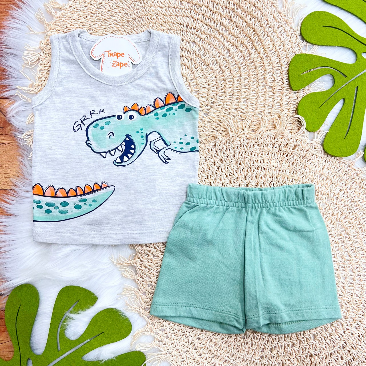 Conj. Regata Dino Grrr e Bermuda em Moletinho - Mescla e Verde